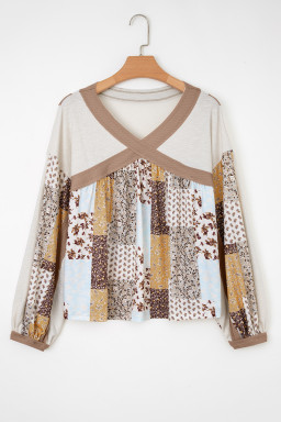 White Floral Print Patchwork Long Sleeve Top