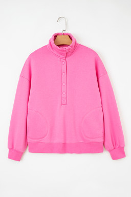 Bright Pink Half Button Collar Drop Shoulder Sweatshirt