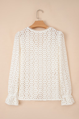 Beige Flower Lace V Neck Puff Sleeve Top