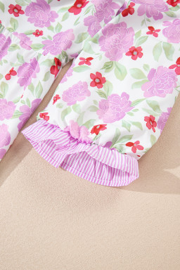 Pink Floral Print Striped Trim Flowy Mini Dress