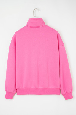 Bright Pink Half Button Collar Drop Shoulder Sweatshirt
