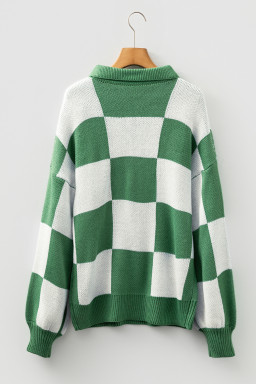 Mist Green Checkered V-Neck Collared Pullover Sweater