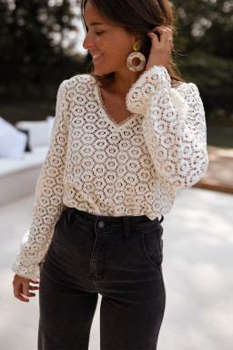 Beige Flower Lace V Neck Puff Sleeve Top