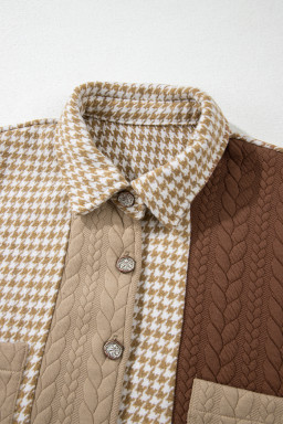 Khaki Houndstooth Textured Patchwork Loose Shacket