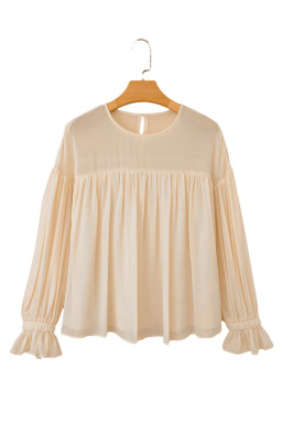 Parchment Pleated Ruffle Long Sleeve Chiffon Blouse