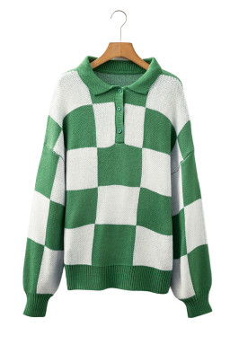 Mist Green Checkered V-Neck Collared Pullover Sweater