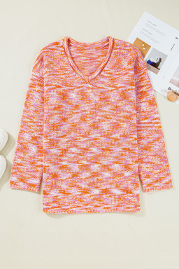 Orange Vibrant Abstract Print Drop Shoulder V Neck Oversized Sweater