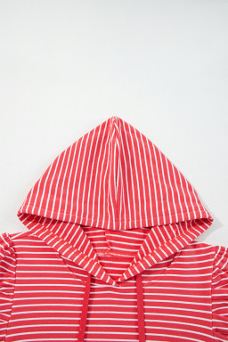 Red Striped Puff Sleeve Drawstring Hoodie
