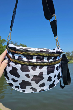 Black White Cow Print Wide Strap Large Crossbody Bag