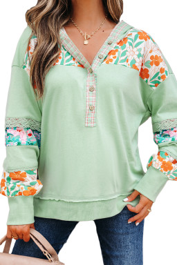 Clearly Aqua Lace Floral Patchwork Hooded Henley Top