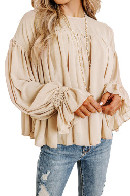 Parchment Pleated Ruffle Long Sleeve Chiffon Blouse