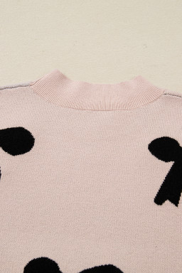 Smoke Gray Pearl Embellished Bow Pattern Loose Sweater
