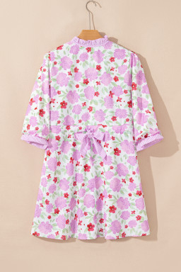 Pink Floral Print Striped Trim Flowy Mini Dress