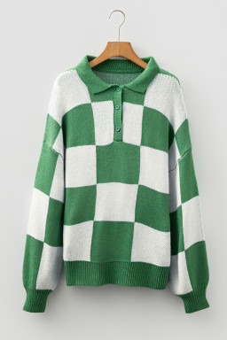 Mist Green Checkered V-Neck Collared Pullover Sweater