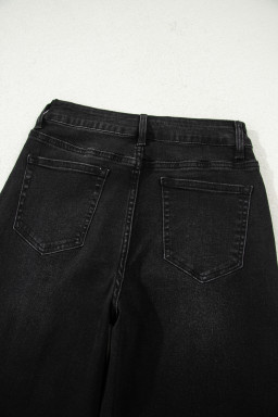 Black Raw Hem Straight Leg Loose High Waist Jeans