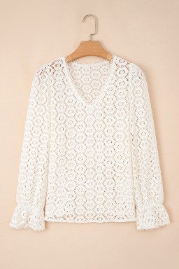 Beige Flower Lace V Neck Puff Sleeve Top