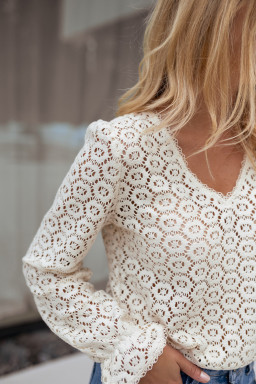 Beige Flower Lace V Neck Puff Sleeve Top