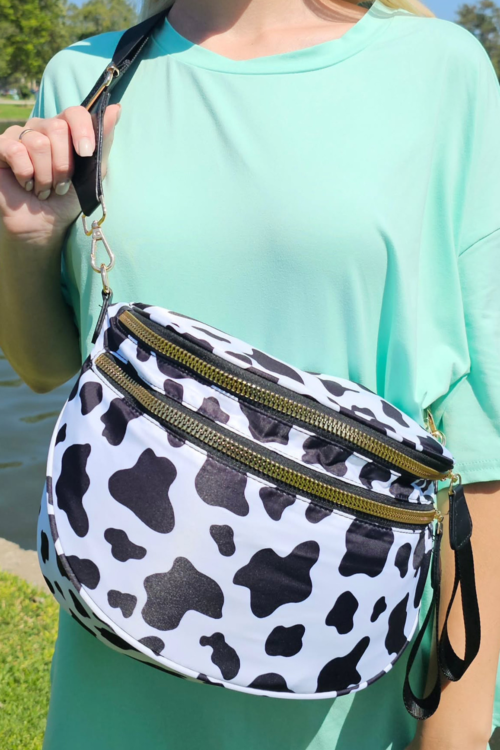Black White Cow Print Wide Strap Large Crossbody Bag