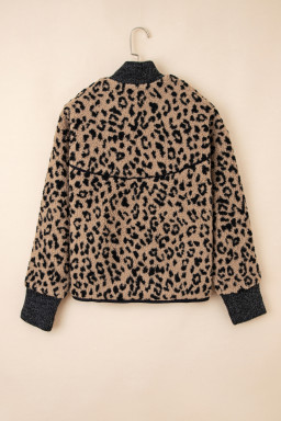 Khaki Leopard Print Zip Up Stand Neck Side Pocket Jacket