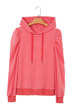 Red Striped Puff Sleeve Drawstring Hoodie