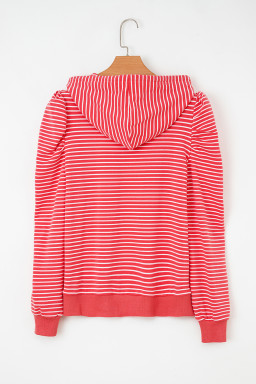 Red Striped Puff Sleeve Drawstring Hoodie