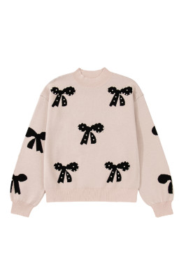 Smoke Gray Pearl Embellished Bow Pattern Loose Sweater