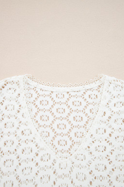 Beige Flower Lace V Neck Puff Sleeve Top