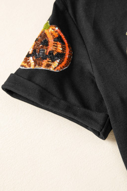 Black Halloween Sequin Pumpkin Face Graphic T Shirt