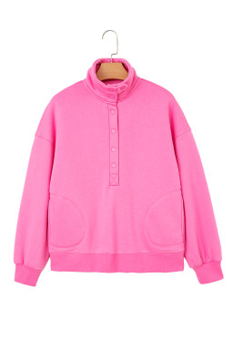 Bright Pink Half Button Collar Drop Shoulder Sweatshirt