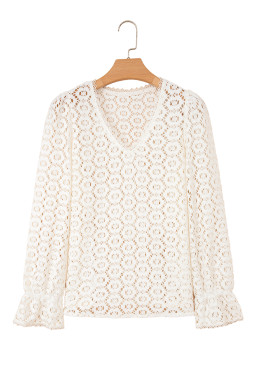 Beige Flower Lace V Neck Puff Sleeve Top