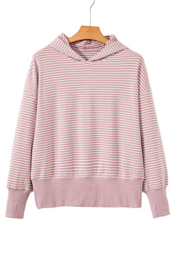 Purple Stripe Thumbhole Side Slits Drop Shoulder Loose Fit Hoodie