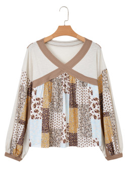 White Floral Print Patchwork Long Sleeve Top