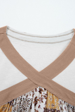 White Floral Print Patchwork Long Sleeve Top