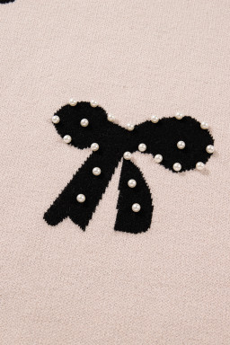 Smoke Gray Pearl Embellished Bow Pattern Loose Sweater