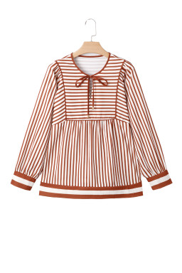 Brown Striped Drawstring V Neck Blouse