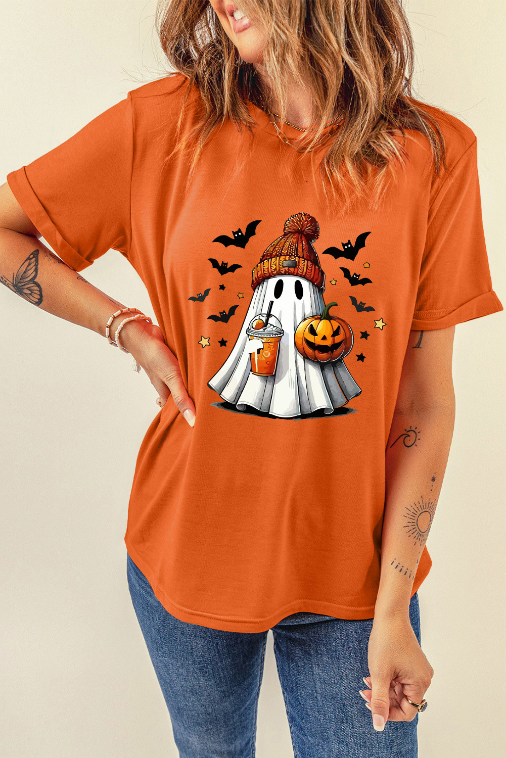 Orange Playful Halloween Ghost Pumpkin Heat Transfer Printing Tee