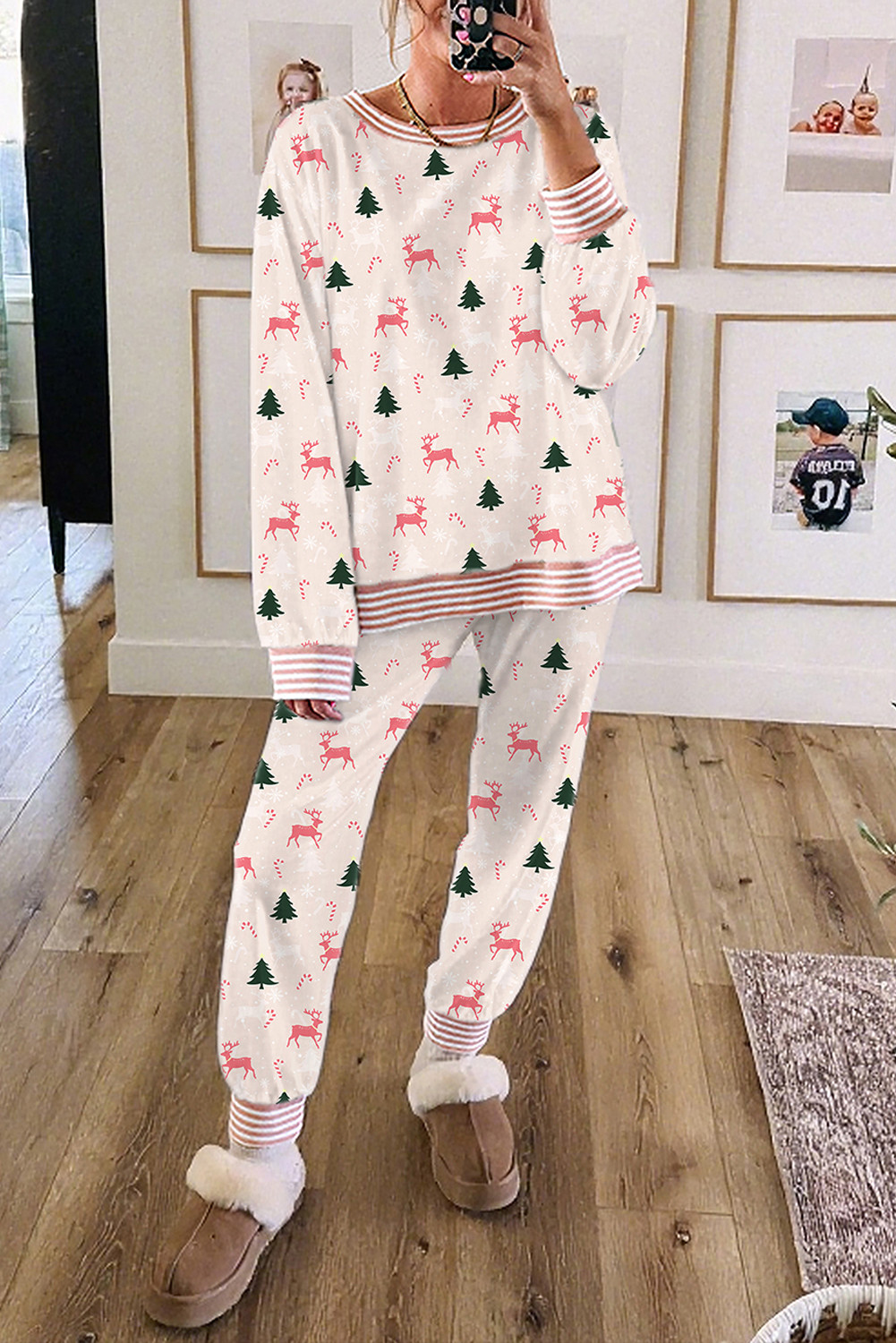 Pink Christmas Tree Reindeer Print Contrast Striped Trim Pajama Set