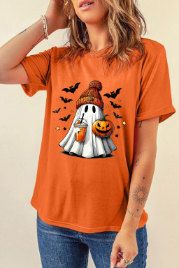 Orange Playful Halloween Ghost Pumpkin Heat Transfer Printing Tee