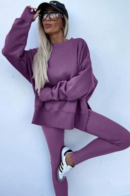 Orchid Mist Solid Color Oversized Slit Sweatshirt Ribbed Leggings Set