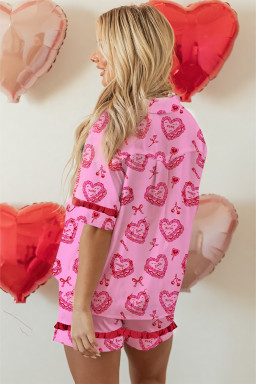 Pink Sweet Heart Cake Print Contrast Ruffle Trim Valentines 2pcs Pajama Set