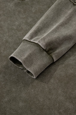 Jungle Green Lace Applique Notched Neck Mineral Wash Baggy Sweatshirt