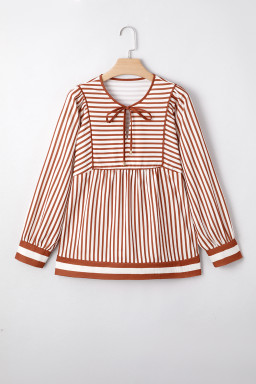 Brown Striped Drawstring V Neck Blouse