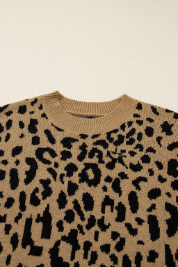 Light French Beige Leopard Round Neck Long Sleeve Sweater