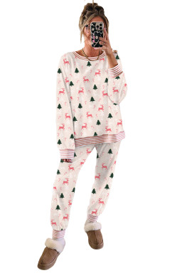 Pink Christmas Tree Reindeer Print Contrast Striped Trim Pajama Set