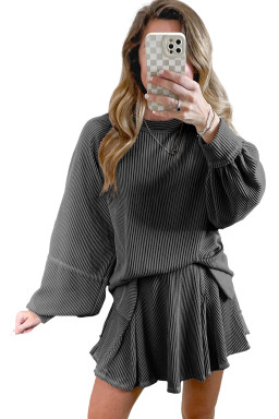 Dark Grey Corded Lantern Sleeve Top High Waist Ruffled Mini Skort Set