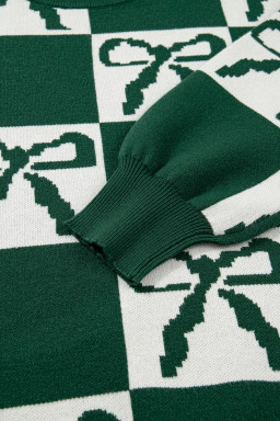 Blackish Green Bow Print Checkered Knit Sweater