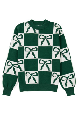 Blackish Green Bow Print Checkered Knit Sweater
