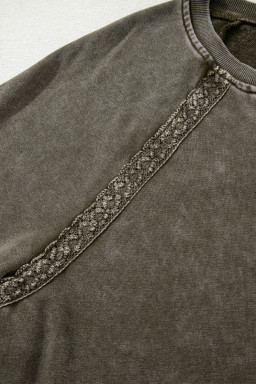 Jungle Green Lace Applique Notched Neck Mineral Wash Baggy Sweatshirt