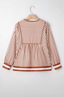 Brown Striped Drawstring V Neck Blouse