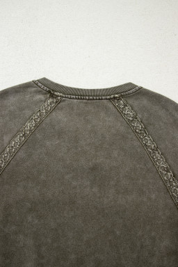 Jungle Green Lace Applique Notched Neck Mineral Wash Baggy Sweatshirt